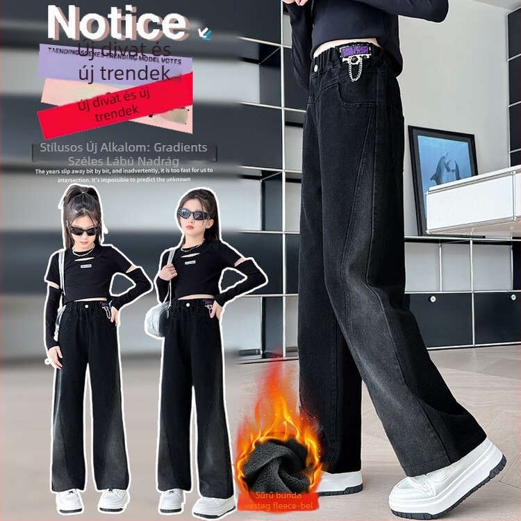 Lányoknak készült denim széles szárú nadrág fleece-béléssel, középmagas derékkal, elasztikus derék, koreai stílus, 65% pamut