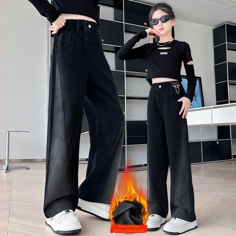 Lányoknak készült denim széles szárú nadrág fleece-béléssel, középmagas derékkal, elasztikus derék, koreai stílus, 65% pamut