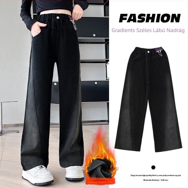 Lányoknak készült denim széles szárú nadrág fleece-béléssel, középmagas derékkal, elasztikus derék, koreai stílus, 65% pamut