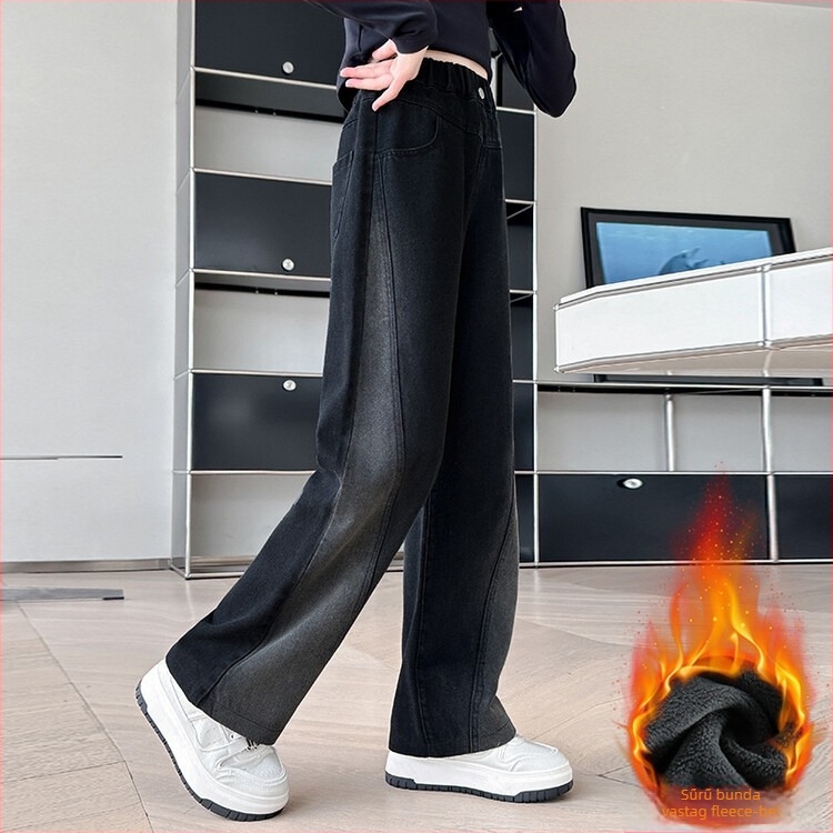 Lányoknak készült denim széles szárú nadrág fleece-béléssel, középmagas derékkal, elasztikus derék, koreai stílus, 65% pamut