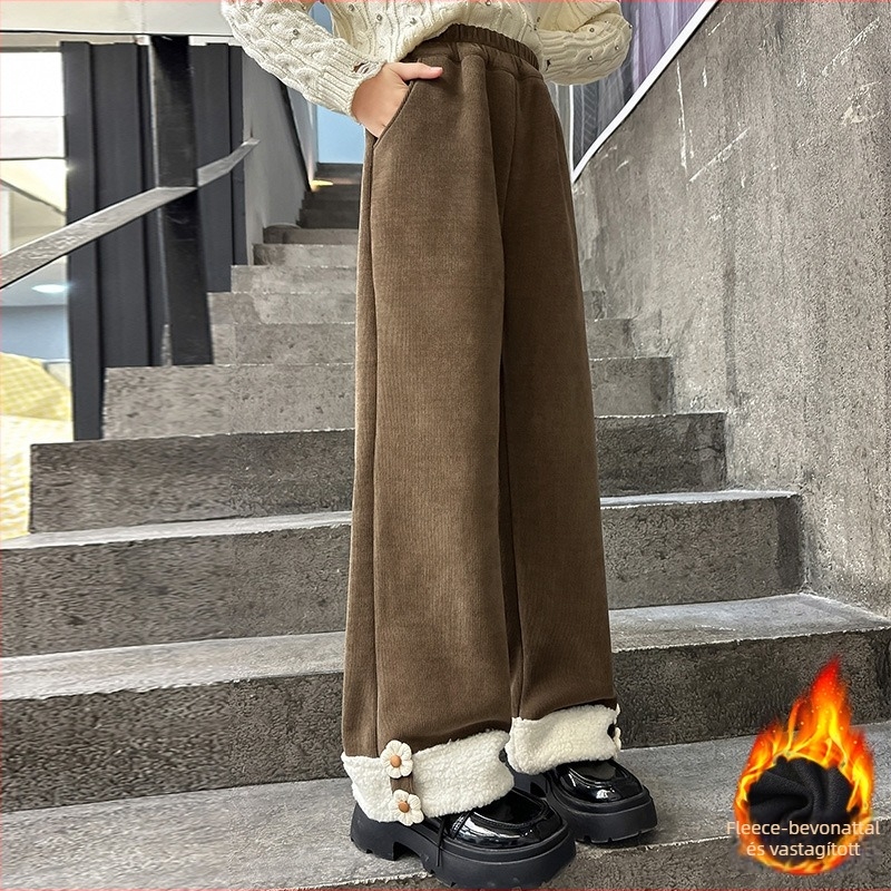 Lányoknak készült fleece-béléssel ellátott nadrág, téli 2024, koreai stílusú casual nadrág, egyenes szabású, széles szár, 70% poliészter, puha anyag, középmagas derék