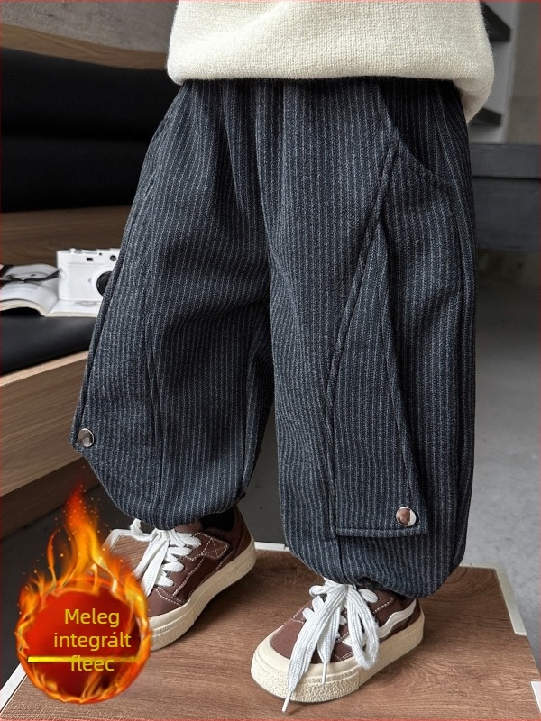 Fiúknak készült fleece-béléssel ellátott nadrág, téli-ősz, pamut-szál keverékből, középső derekú, mesefigurás mintával