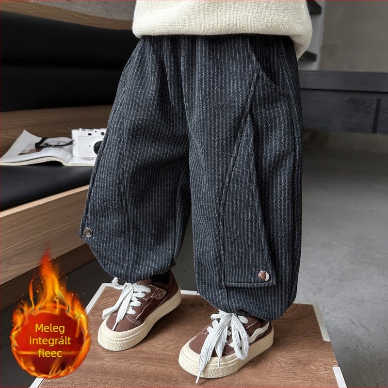 Fiúknak készült fleece-béléssel ellátott nadrág, téli-ősz, pamut-szál keverékből, középső derekú, mesefigurás mintával
