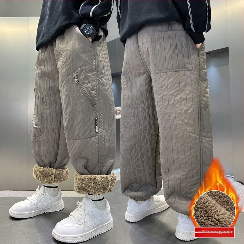 Fiúknak téli fleece-beléses nadrág, báránygyapjú belsővel, meleg, egyenes szabású nagyobb gyerekeknek