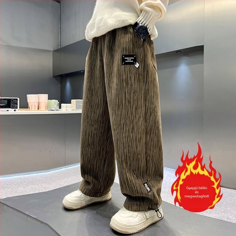 Fiúknak szóló téli nadrág fleece béléssel, vastag és meleg, koreai stílusú drapázás, laza sportos, széles szárú