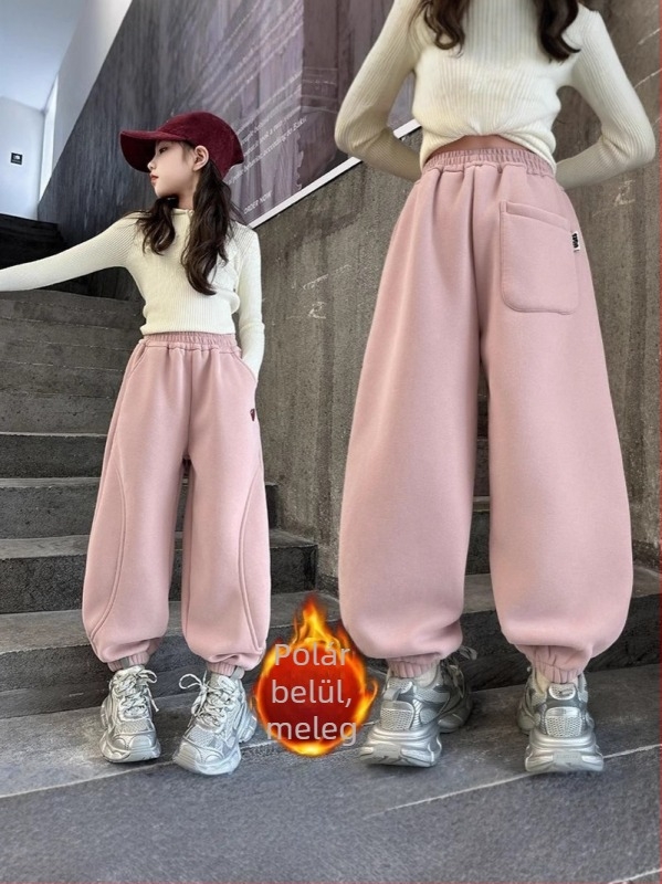 Lányok téli fleece béléses sportnadrág, casual stílus, 95% poliészter, középmagas derekú, elasztikus szegély, puha anyag