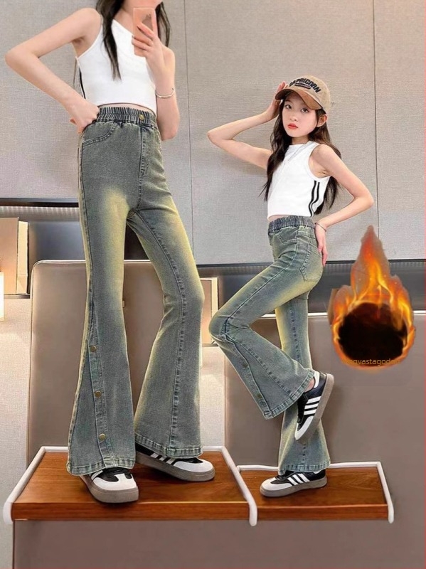 Gyerek farmernadrág denimből téli fleece béléssel, Koreai stílusú flare szabás, középmagas derékvonal, rugalmas öv