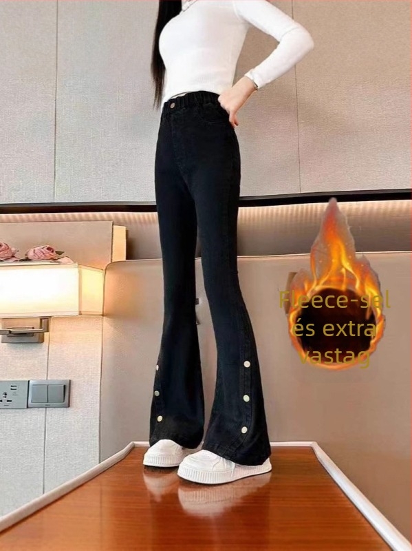 Gyerek farmernadrág denimből téli fleece béléssel, Koreai stílusú flare szabás, középmagas derékvonal, rugalmas öv