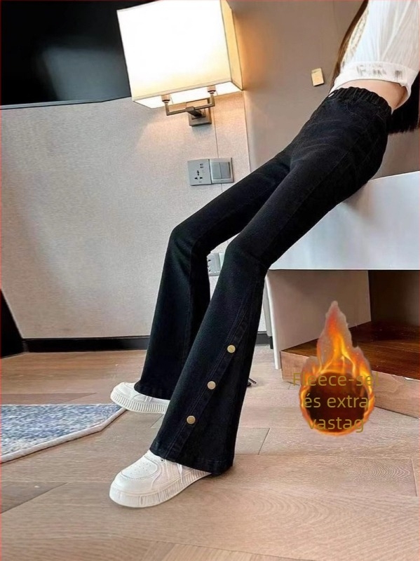 Gyerek farmernadrág denimből téli fleece béléssel, Koreai stílusú flare szabás, középmagas derékvonal, rugalmas öv