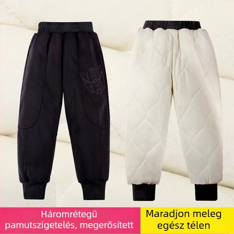 Gyermekek téli pamut nadrág, háromrétegű, fleece bélelt, bolyhosított anyag, magas derekú, elasztikus derekú