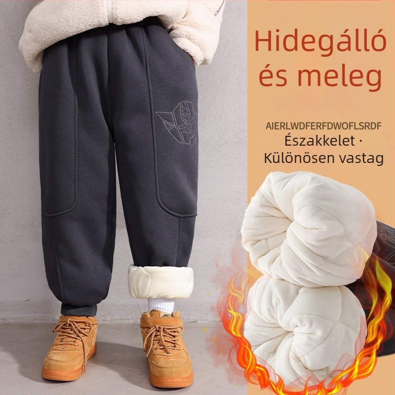 Gyermekek téli pamut nadrág, háromrétegű, fleece bélelt, bolyhosított anyag, magas derekú, elasztikus derekú