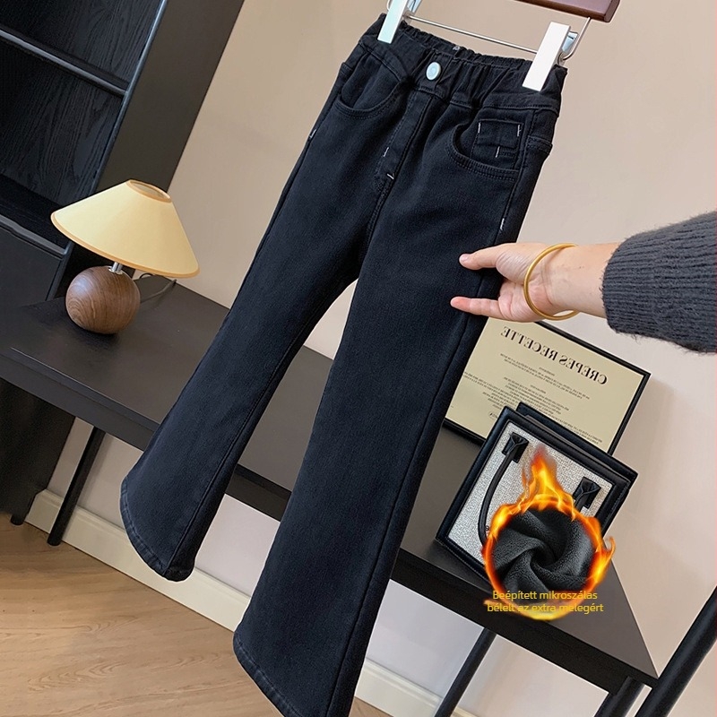 Gyerekeknek készült lány farmernadrág, slim fazon, fleece béléssel, denim anyag, 70-80% pamut, középmagas derekú, elasztikus derék, boot-cut stílus