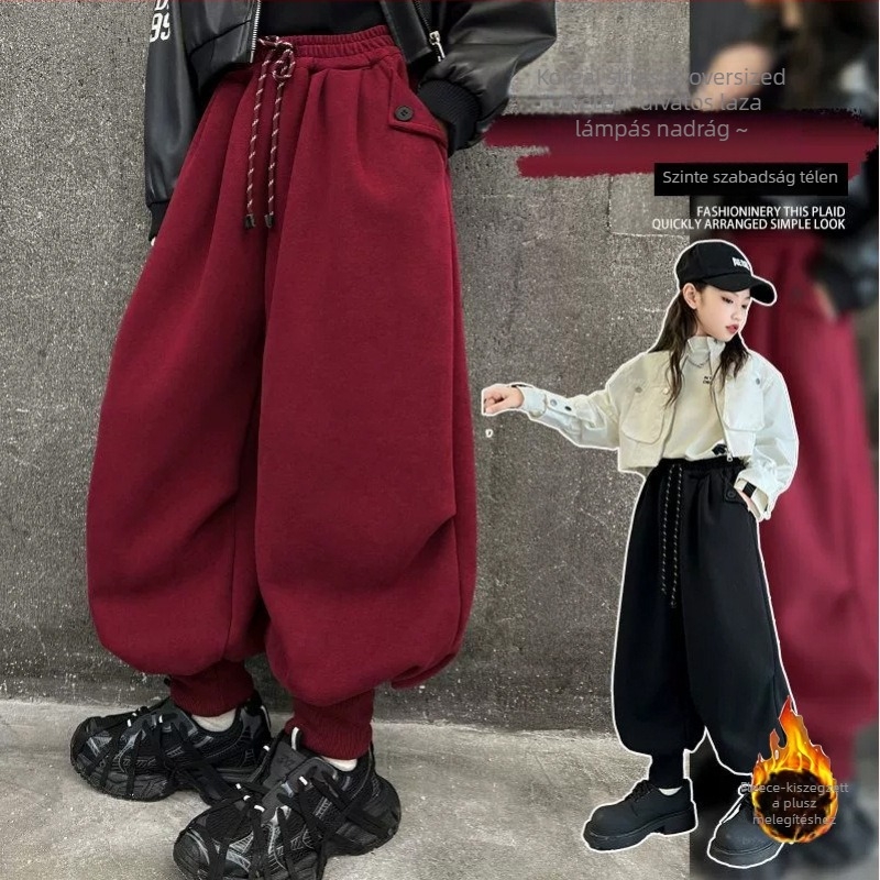 Lányoknak szóló lantern pants fleece béléssel – pamut, laza szabású jogger 8+ éveseknek (tél–ősz)