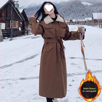 Női hosszú parka fleece béléssel, pamut töltettel, szőrme gallér, városi stílus, téli 2024