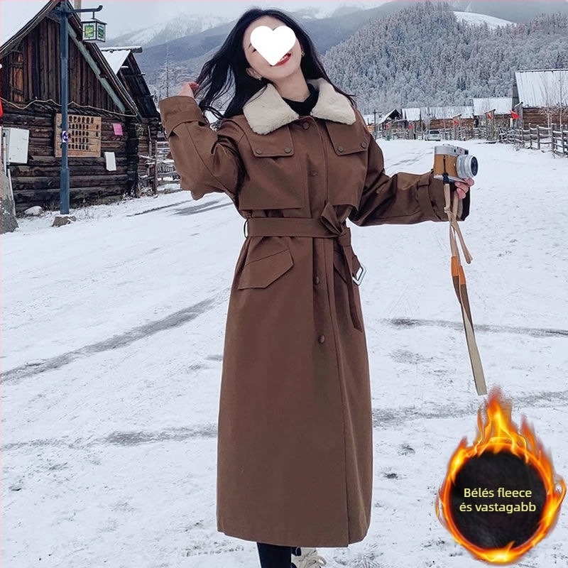 Női hosszú parka fleece béléssel, pamut töltettel, szőrme gallér, városi stílus, téli 2024