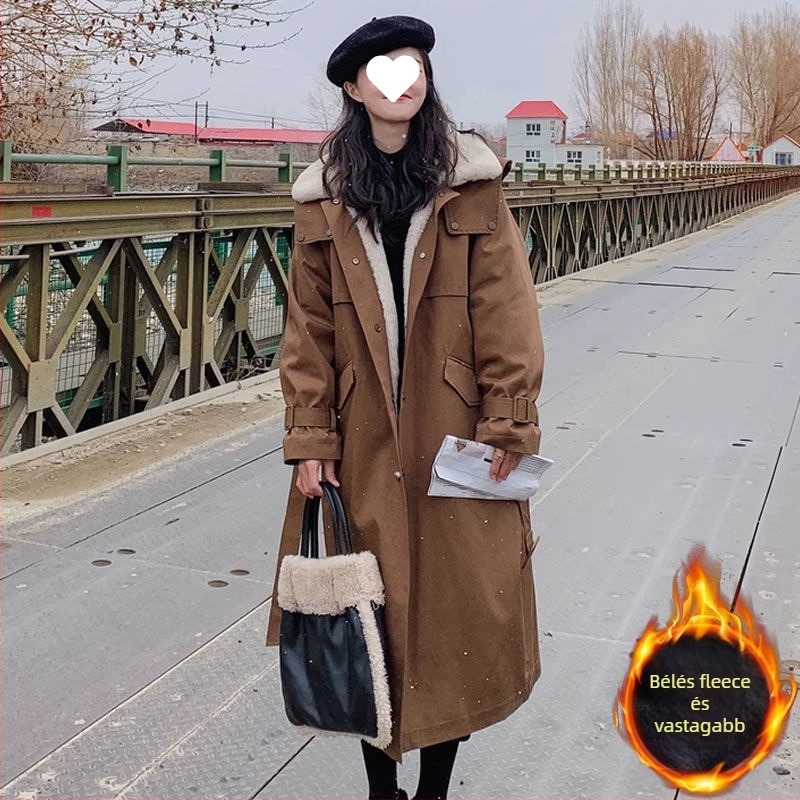 Női hosszú parka fleece béléssel, pamut töltettel, szőrme gallér, városi stílus, téli 2024