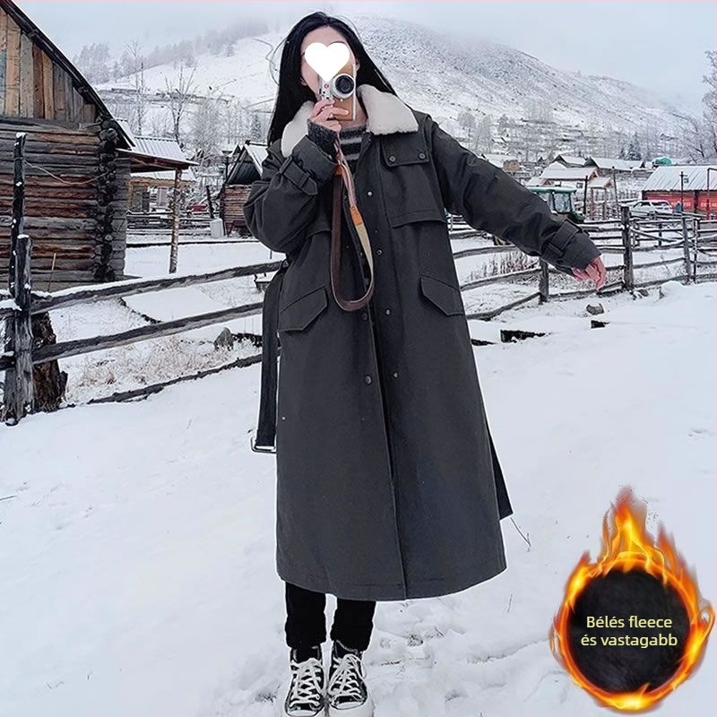 Női hosszú parka fleece béléssel, pamut töltettel, szőrme gallér, városi stílus, téli 2024