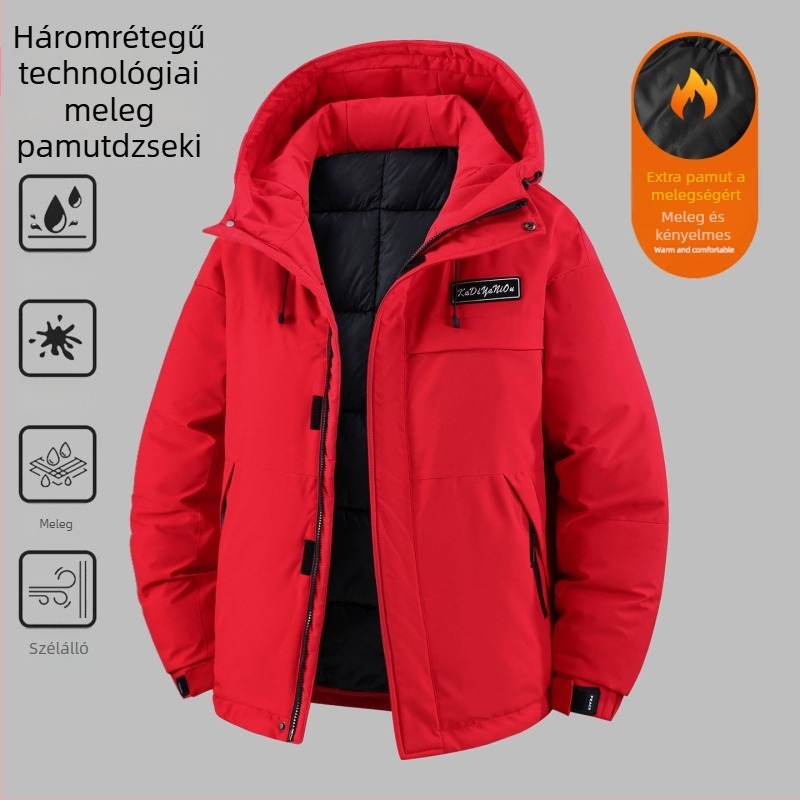 Pluszméretű férfi kapucnis pamut-párnázott kabát, őszi-téli, laza szabás, vastag és meleg