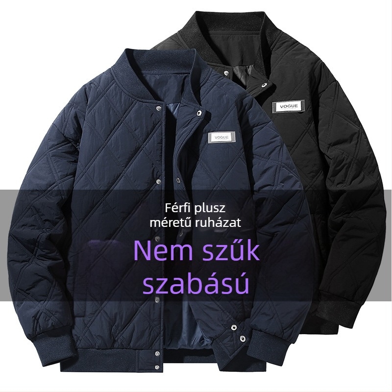 Plusz méretű férfi baseball-stílusú pufi kabát, meleg tavaszra és őszre, kényelmes, laza fazon, egyszínű