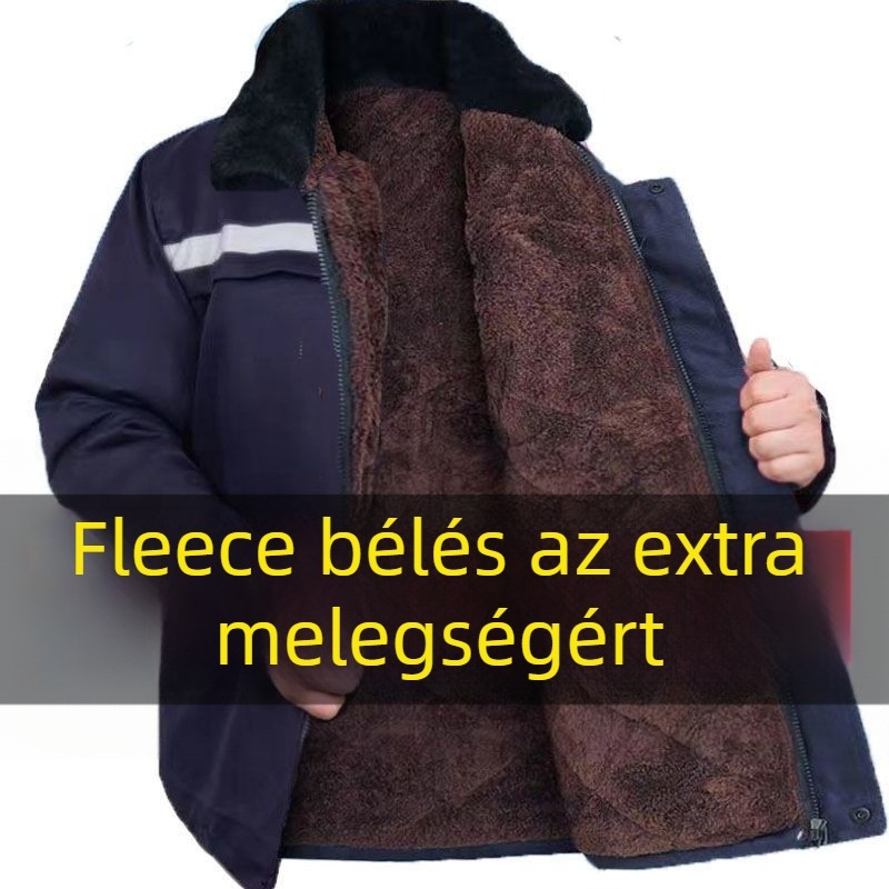 Férfi téli pamutkabát fleece-béléssel, vastag és meleg, fényvisszaverő csíkokkal, pamutkabát szett munkára