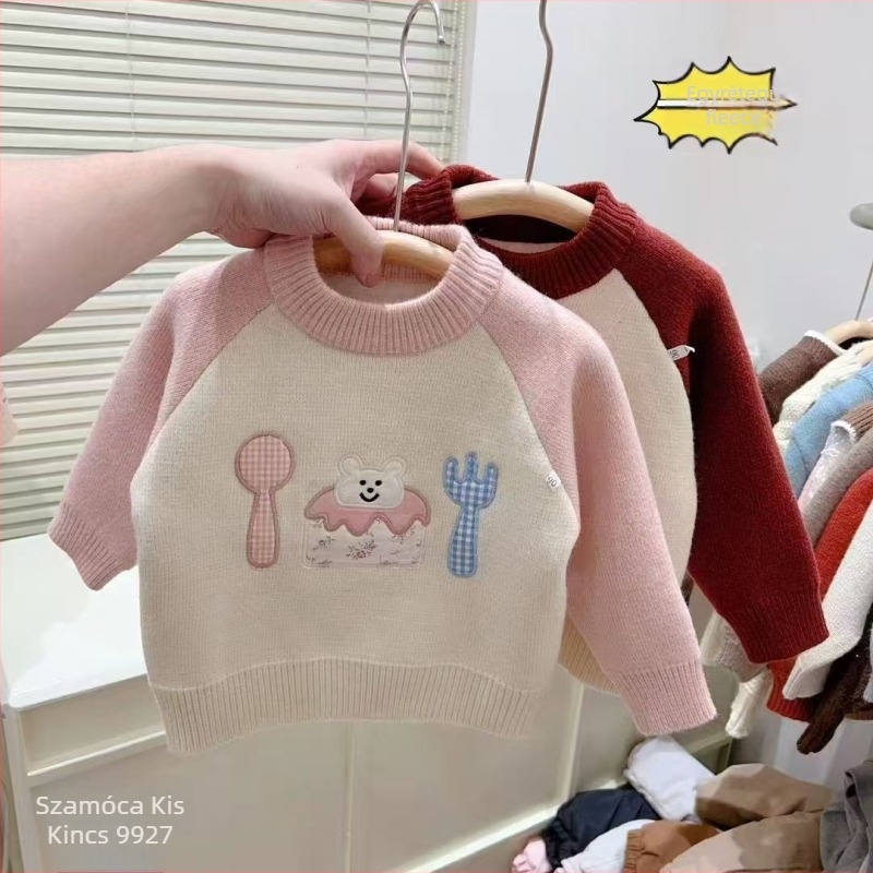 Lányoknak készült kötött pulóver szamóca-rajzú mintával, vastag fleece béléssel, őszi-téli koreai stílus, 3–8 éveseknek