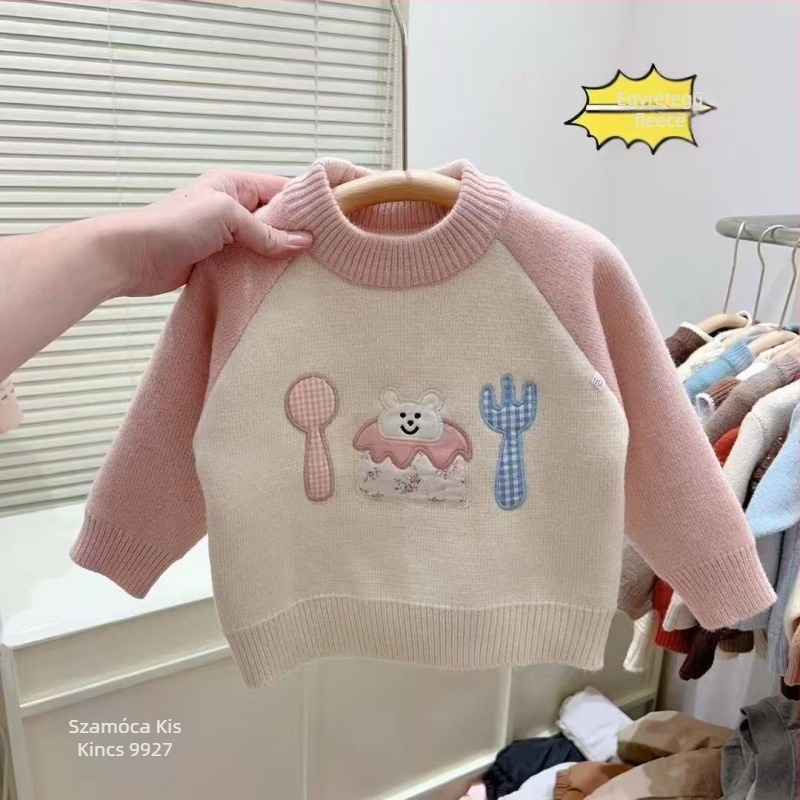 Lányoknak készült kötött pulóver szamóca-rajzú mintával, vastag fleece béléssel, őszi-téli koreai stílus, 3–8 éveseknek
