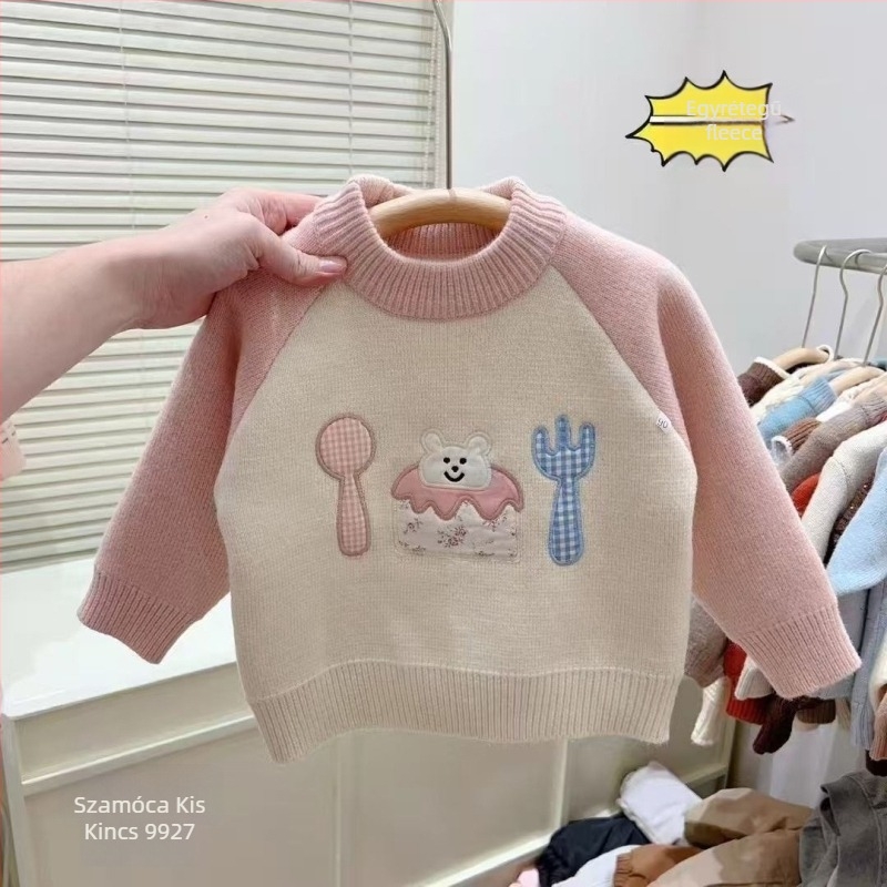 Lányoknak készült kötött pulóver szamóca-rajzú mintával, vastag fleece béléssel, őszi-téli koreai stílus, 3–8 éveseknek