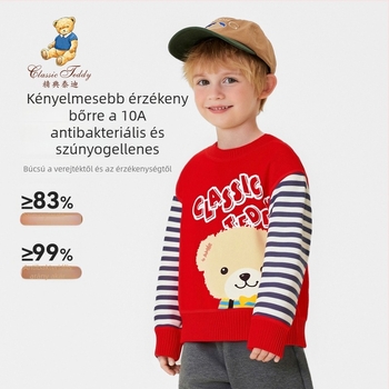 Gyerekeknek szóló kötött pulóver cartoon mintával és patchwork csíkokkal, 57% pamut, ősz–téli szezon