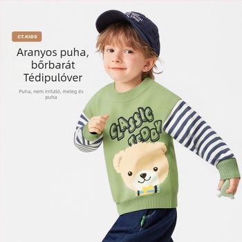 Gyerekeknek szóló kötött pulóver cartoon mintával és patchwork csíkokkal, 57% pamut, ősz–téli szezon