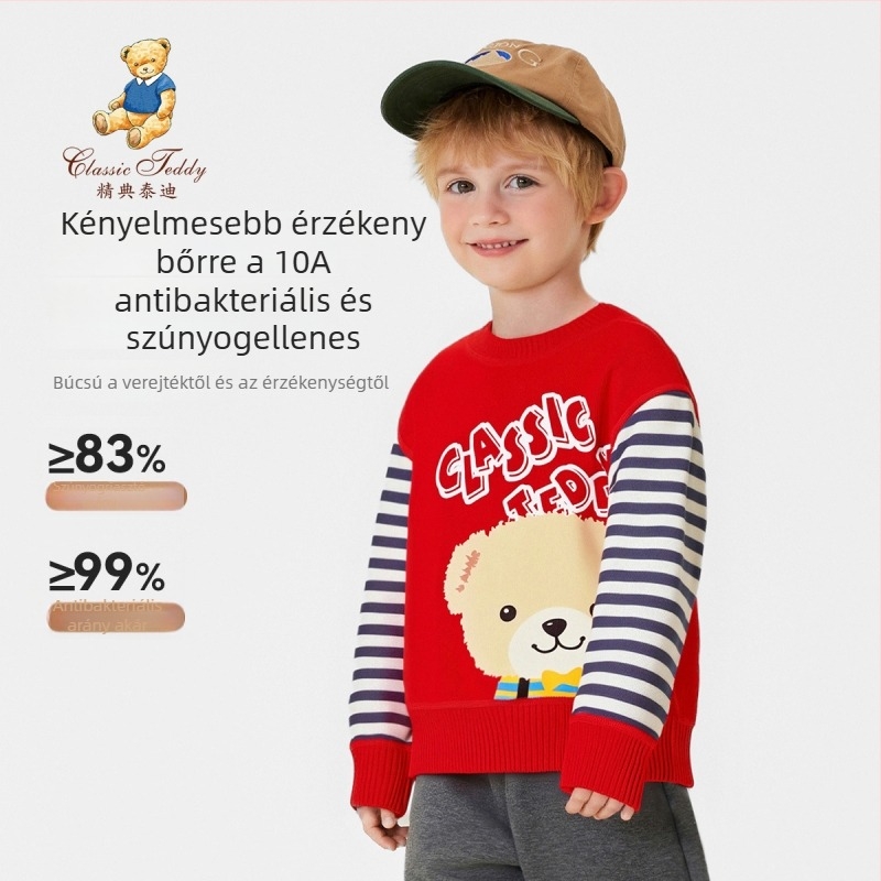 Gyerekeknek szóló kötött pulóver cartoon mintával és patchwork csíkokkal, 57% pamut, ősz–téli szezon