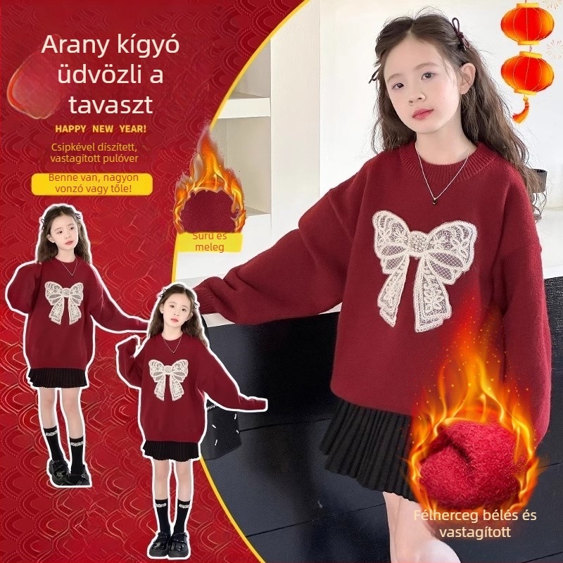 Gyerekeknek szóló pulóver lányoknak, kerek nyakú, hosszú ujjú, 3–8 éveseknek, téli-tavaszi-ősz, normál vastagság, poliészter.