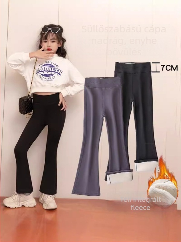 Lányoknak szóló harang alakú nadrág velúr béléssel, polar fleece anyagból, 84% nylon, magas derék elasztikus derekával, téli nadrág