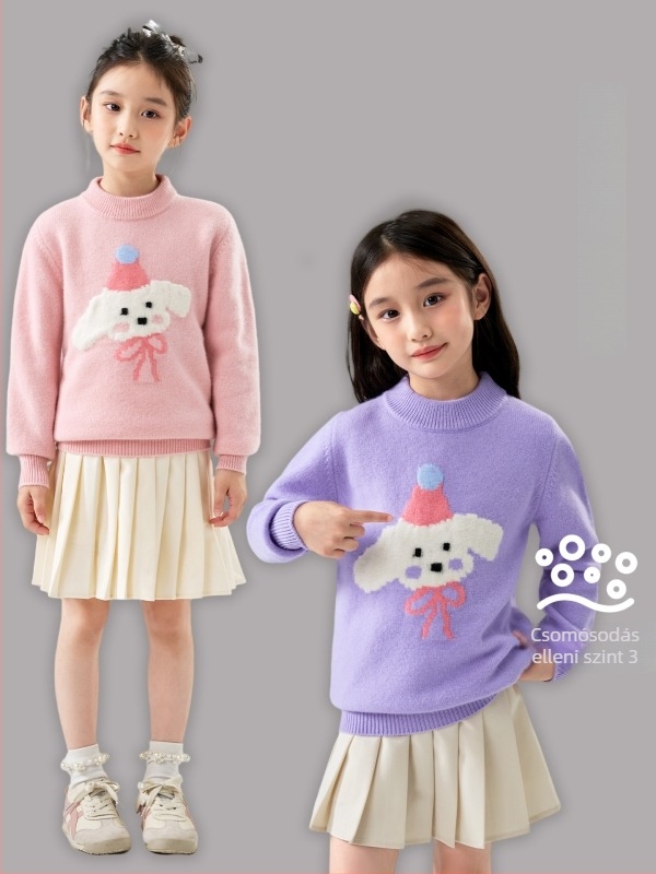 Gyerekeknek szóló 100% gyapjú pulóver, Cartoon jacquard mintával, vastag kötés, kereknyakú, hosszú ujjú