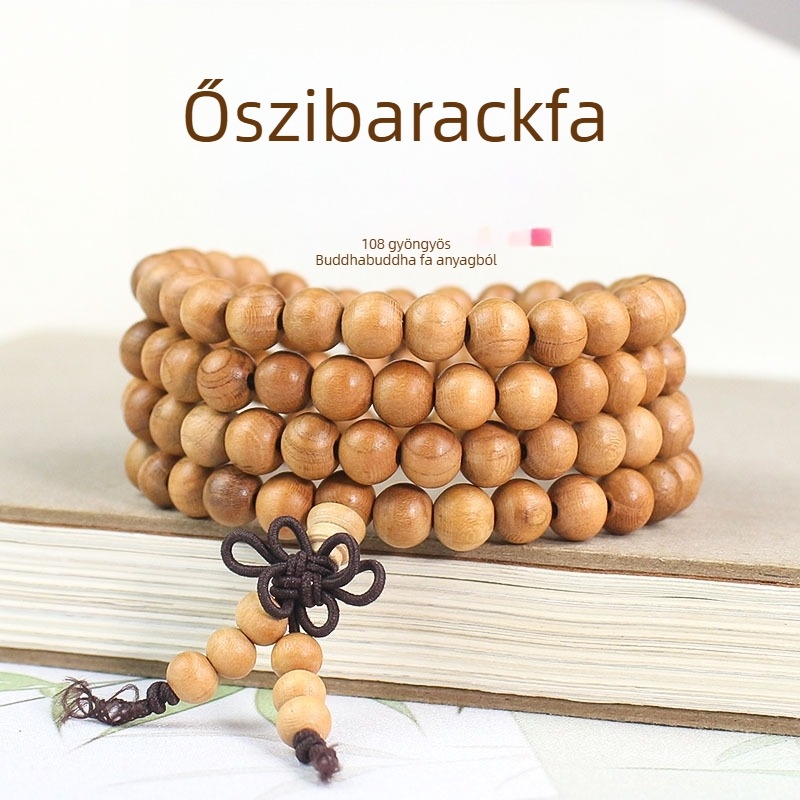 Őszibarackfa 108 gyöngyös buddhista karkötő, uniszex, kézzel készített fa ékszer, modern minimalista dizájn