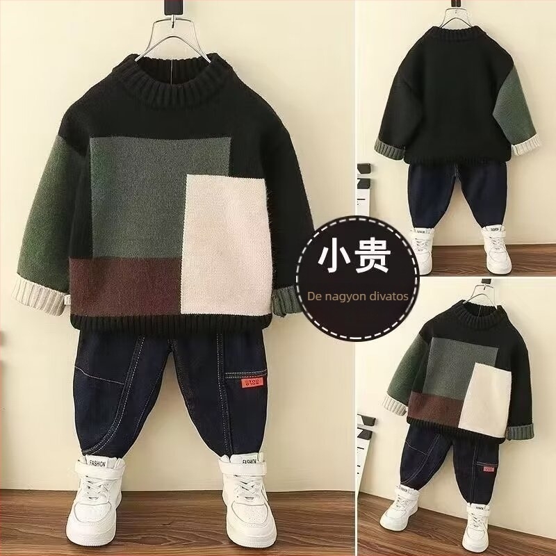 Gyerekeknek szóló téli pulóver fleece-béléssel, pamut alapanyag, hosszú ujjú, koreai stílus