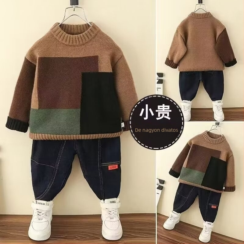 Gyerekeknek szóló téli pulóver fleece-béléssel, pamut alapanyag, hosszú ujjú, koreai stílus