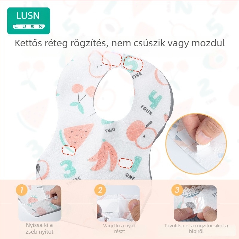 Egyszer használatos gyerek etető kötény, vízálló, rajzolt mintával, 1–3 éveseknek, nem szövött anyagból PE membránnal