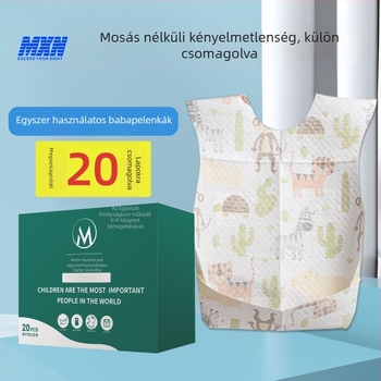 Egyszer használatos bababib, zsebbel az evés közbeni kiömlött étel összegyűjtésére, nedvességálló nem szőtt anyagból, állat/karikatúra mintával, 0–6 éveseknek