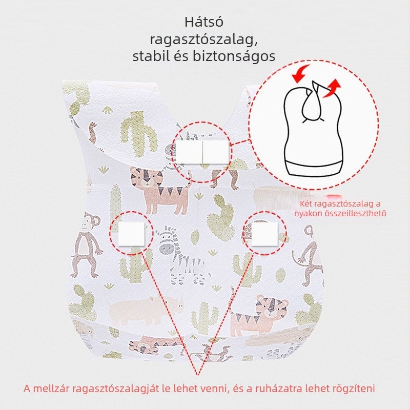 Egyszer használatos bababib, zsebbel az evés közbeni kiömlött étel összegyűjtésére, nedvességálló nem szőtt anyagból, állat/karikatúra mintával, 0–6 éveseknek