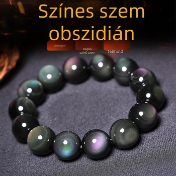 Természetes szivárvány obsidián karkötő, szivárványos szemekkel, egy szálas, dupla szem motívummal, uniszex, kézzel készített, 10 mm-es gyöngyökkel