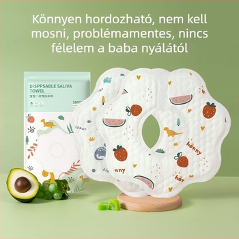 Etető kötény csecsemő- és kisgyermekeknek, 0–3 év, nemszövött anyagból, vízálló és szennyeződés-álló, egyedi csomagolású, nyakvédő leak-proof, minták: állatok, mesefigurák, kockás, virág
