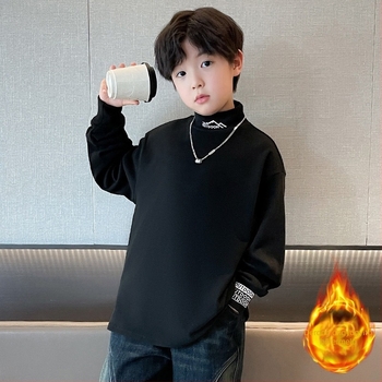 Fiúknak való pamut pulóver fleece-béléssel, koreai stílus, hosszú ujjú, 8+ éveseknek, 80% pamut