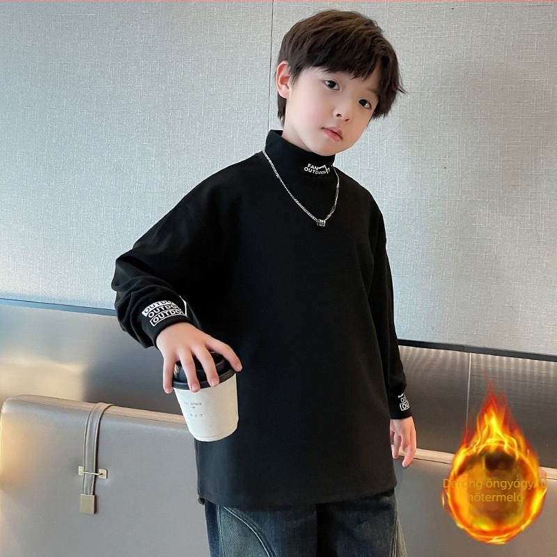 Fiúknak való pamut pulóver fleece-béléssel, koreai stílus, hosszú ujjú, 8+ éveseknek, 80% pamut