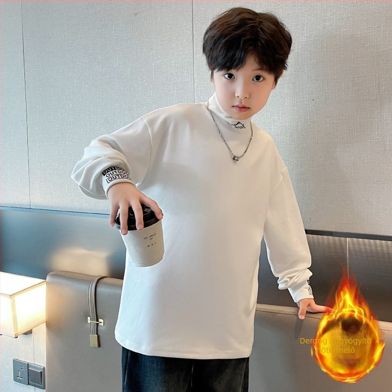 Fiúknak való pamut pulóver fleece-béléssel, koreai stílus, hosszú ujjú, 8+ éveseknek, 80% pamut