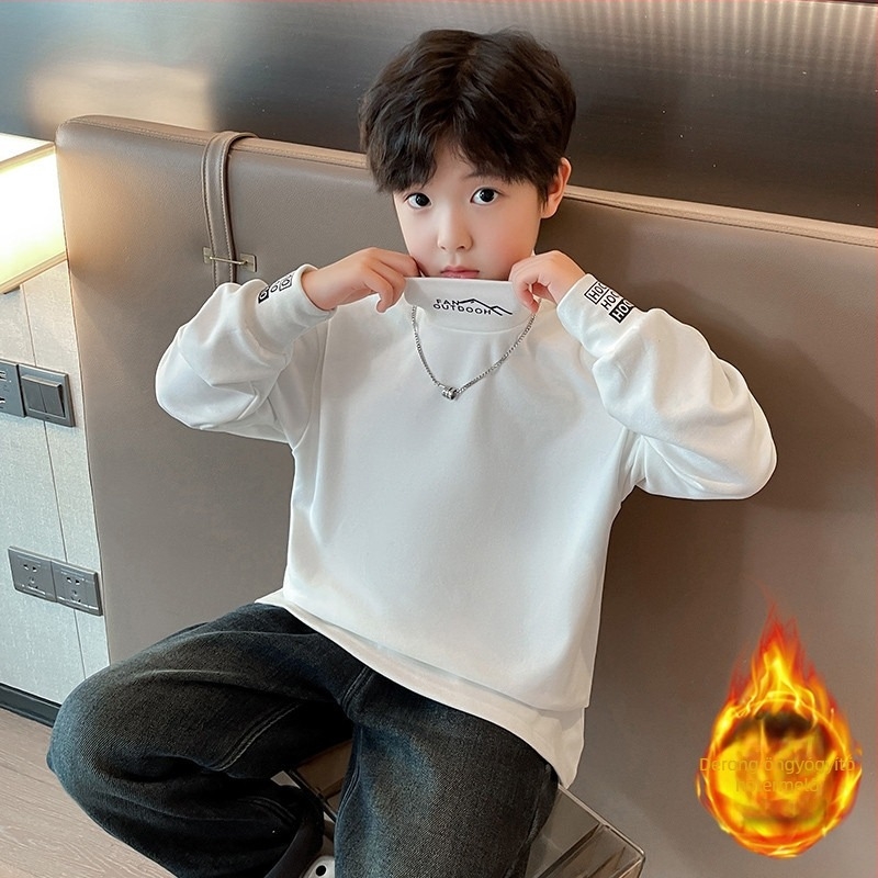 Fiúknak való pamut pulóver fleece-béléssel, koreai stílus, hosszú ujjú, 8+ éveseknek, 80% pamut
