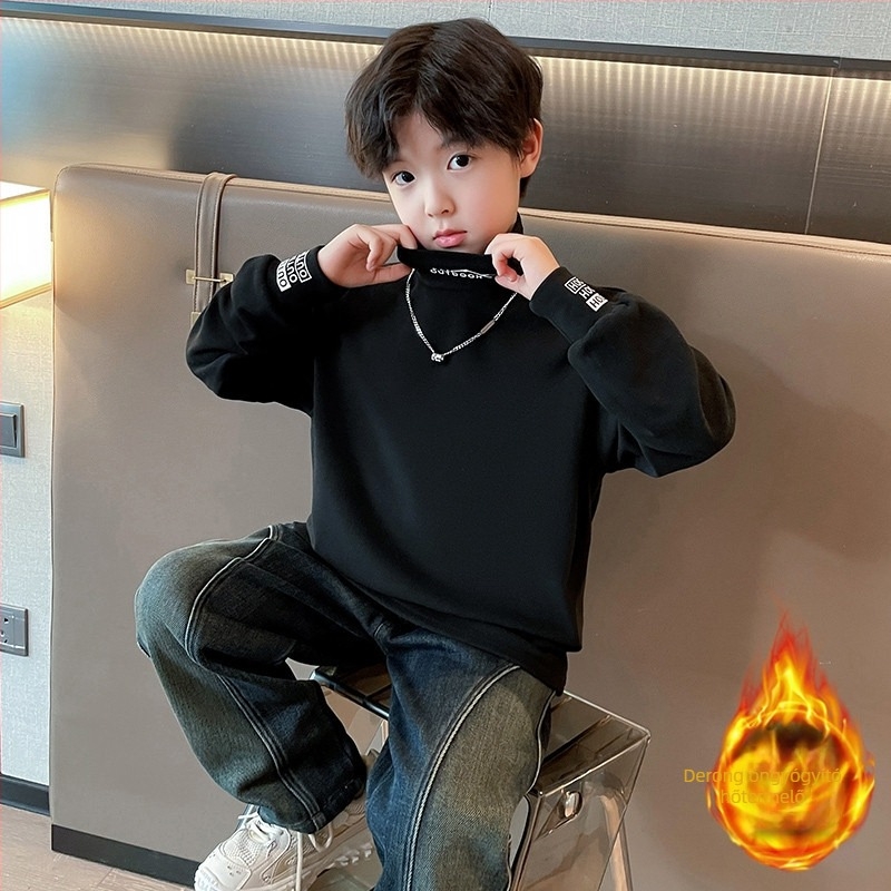 Fiúknak való pamut pulóver fleece-béléssel, koreai stílus, hosszú ujjú, 8+ éveseknek, 80% pamut
