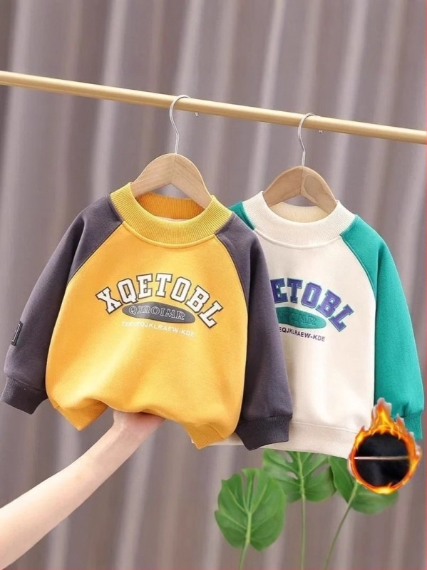Fiúknak készült pamut fleece-béléssel ellátott pulóver, hosszú ujjú, kapucni nélküli, téli modell, 3–8 éveseknek