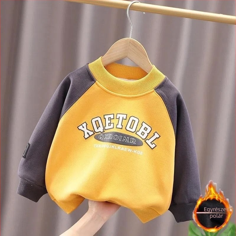 Fiúknak készült pamut fleece-béléssel ellátott pulóver, hosszú ujjú, kapucni nélküli, téli modell, 3–8 éveseknek