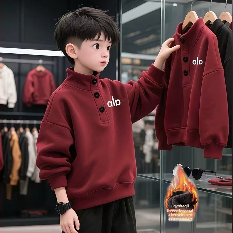 Fiúknak szóló pamutból készült fleece-betétes pulóver, vastag, hosszú ujjú, betűs mintával, koreai stílus