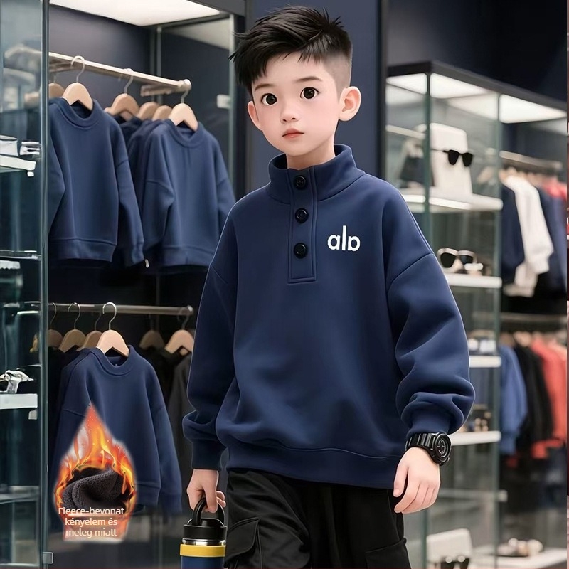 Fiúknak szóló pamutból készült fleece-betétes pulóver, vastag, hosszú ujjú, betűs mintával, koreai stílus